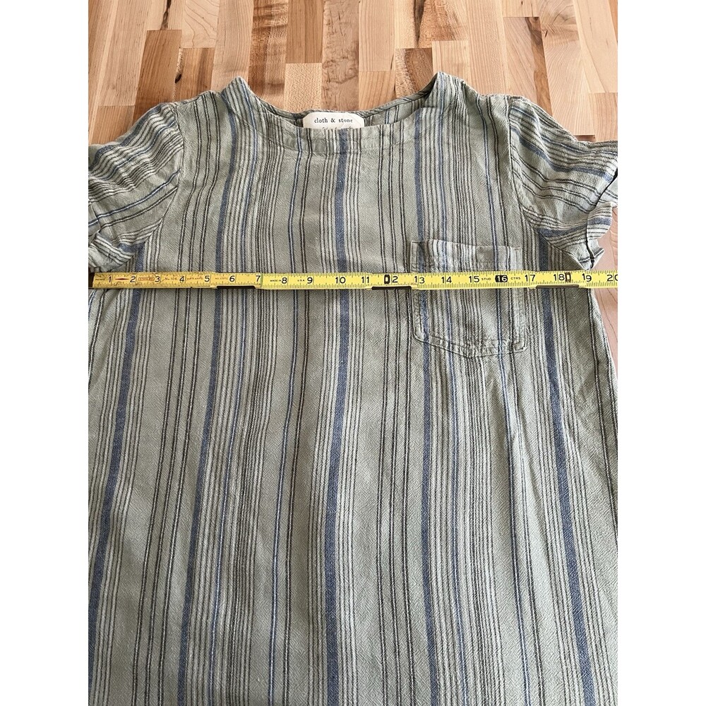 Cloth & Stone Short Sleeve Shirt Dress Button Back Linen Blend Green Stripe M - Picture 4 of 9